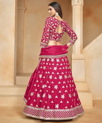 Rani-pink Embroidered Resham Zari Sequins Organza Lehenga 3