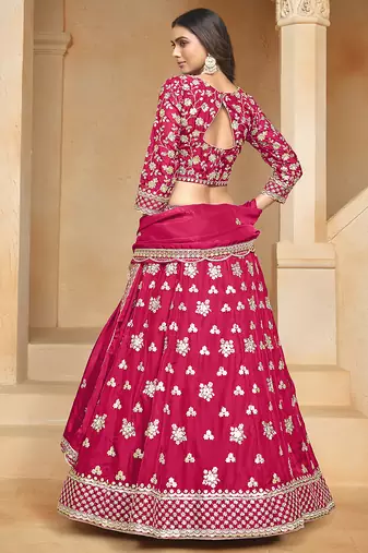 Rani-pink Embroidered Resham Zari Sequins Organza Lehenga