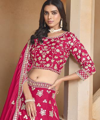 Rani-pink Embroidered Resham Zari Sequins Organza Lehenga 4