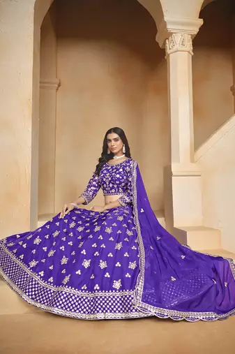 Purple Embroidered Resham Zari Sequins Organza Lehenga
