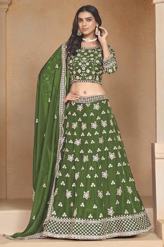 Green Embroidered Resham Zari Sequins Organza Lehenga