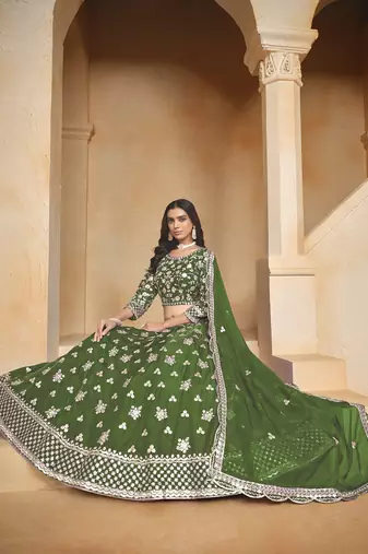 Green Embroidered Resham Zari Sequins Organza Lehenga