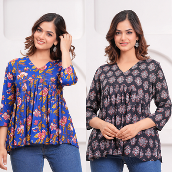 Pack of 2 handmade jaipuri printed rayon fabric designer tops & tunics 1