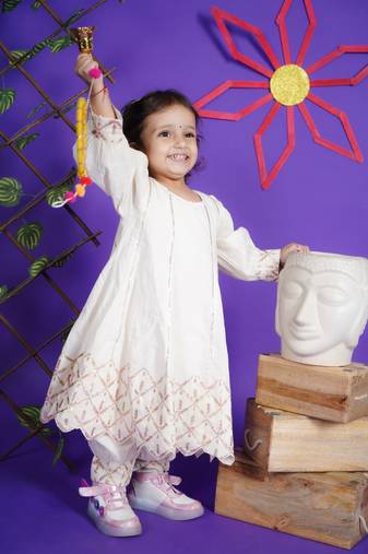 White Embroidery Cotton round neck full sleeve Anarkali for kids