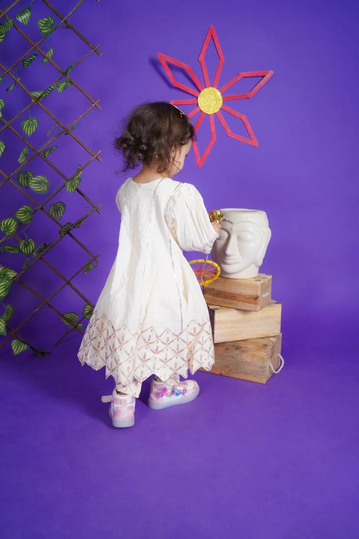 White Embroidery Cotton Anarkali for kids