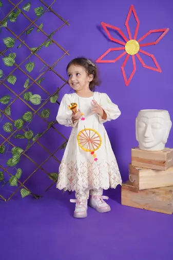 White Embroidery Cotton Anarkali for kids