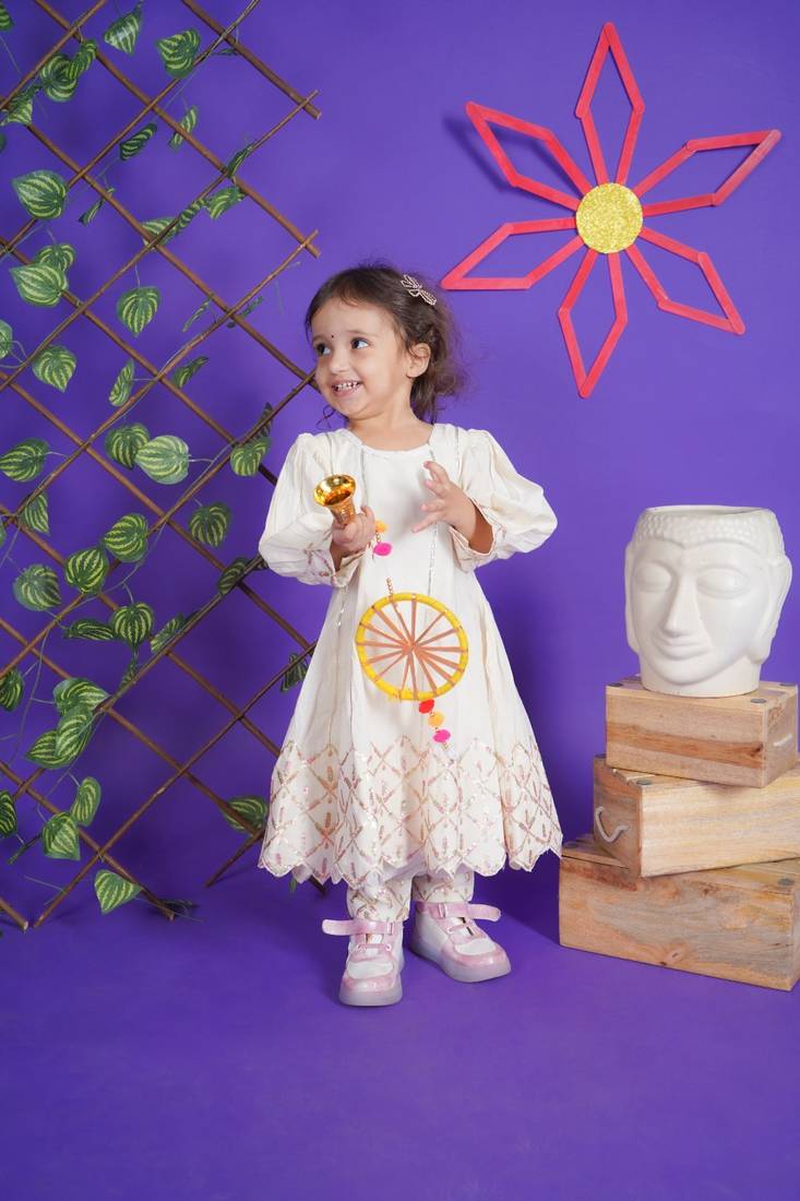 White Embroidery Cotton Anarkali for kids