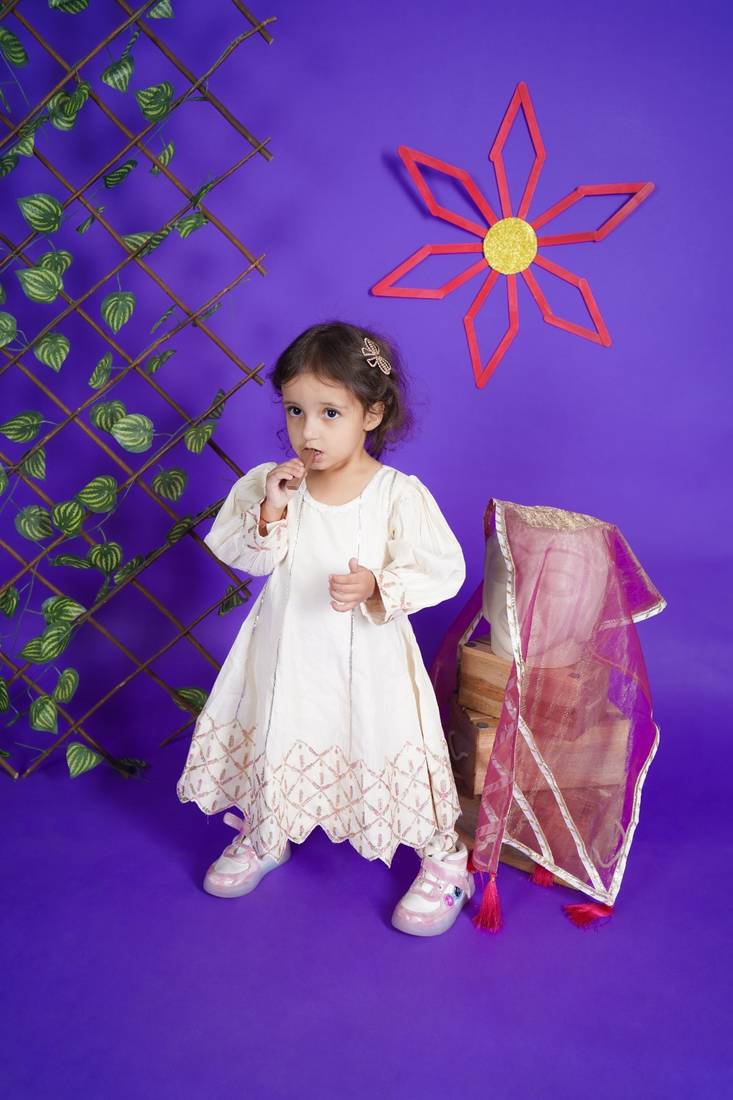 White Embroidery Cotton Anarkali for kids