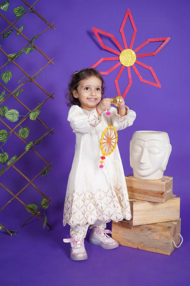 White Embroidery Cotton Anarkali for kids