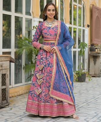Blue Printed Cotton Lehenga with Choli and Dupatta 1