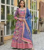 Blue Printed Cotton Lehenga with Choli and Dupatta