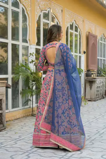 Blue Printed Cotton Lehenga with Choli and Dupatta