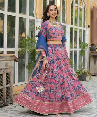 Blue Printed Cotton Lehenga with Choli and Dupatta 3