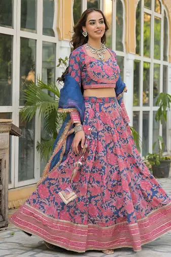 Blue Printed Cotton Lehenga with Choli and Dupatta