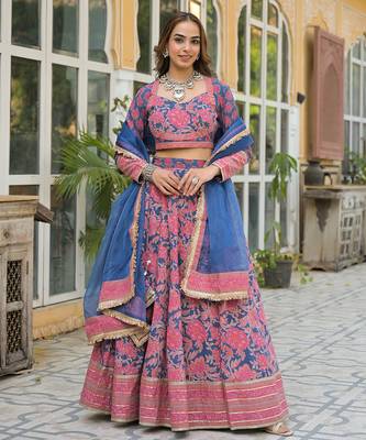 Blue Printed Cotton Lehenga with Choli and Dupatta 4