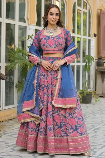 Blue Printed Cotton Lehenga with Choli and Dupatta