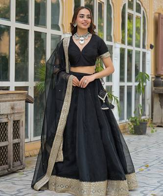 Black Solid Organza Lehenga with Choli and Dupatta 1