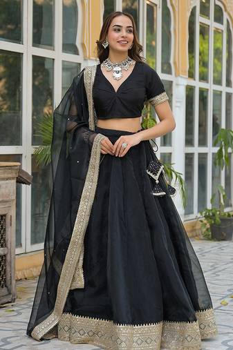 Black Solid Organza Lehenga with Choli and Dupatta