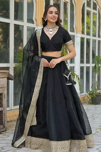 Black Solid Organza Lehenga with Choli and Dupatta