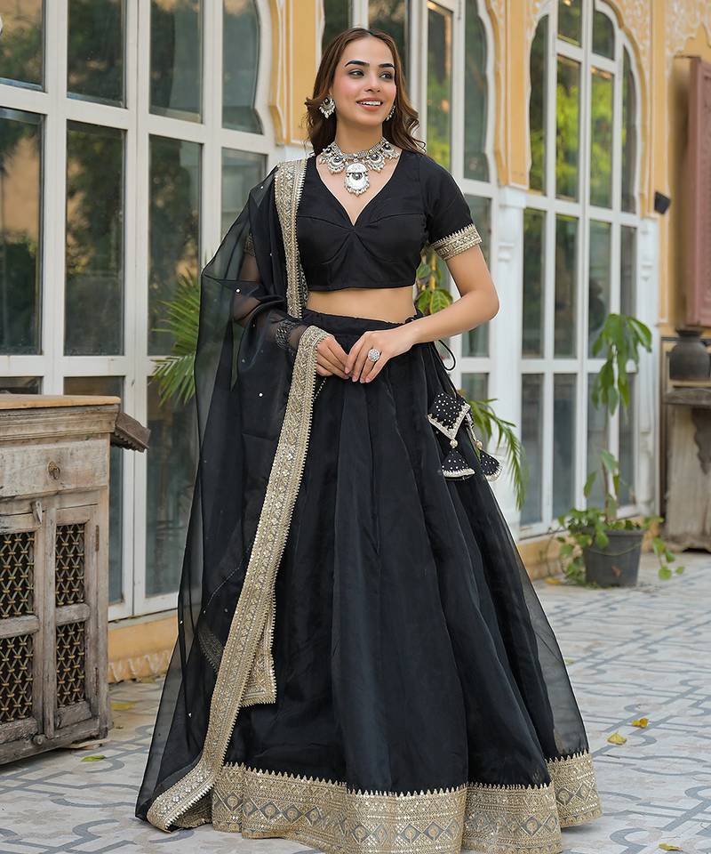 Black Solid Organza Lehenga with Choli and Dupatta