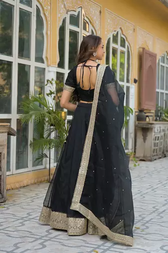 Black Solid Organza Lehenga with Choli and Dupatta