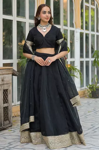 Black Solid Organza Lehenga with Choli and Dupatta