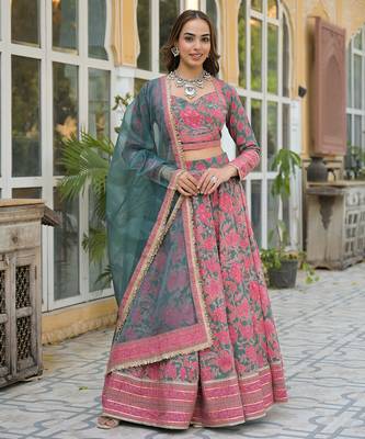 Green Printed Cotton Lehenga with Choli and Dupatta 1