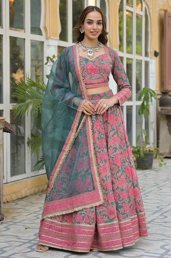 Green Printed Cotton Lehenga with Choli and Dupatta