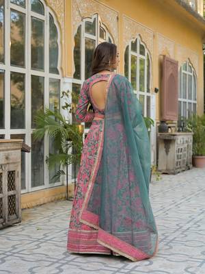 Green Printed Cotton Lehenga with Choli and Dupatta 2