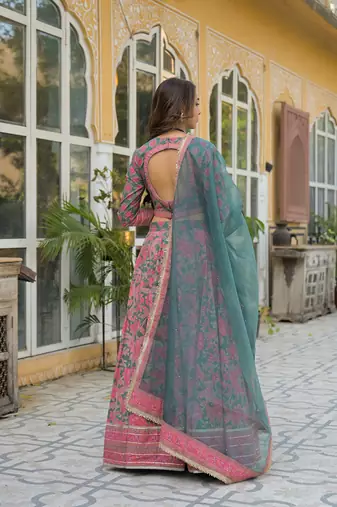 Green Printed Cotton Lehenga with Choli and Dupatta