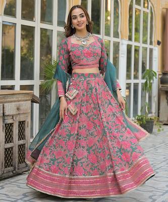 Green Printed Cotton Lehenga with Choli and Dupatta 3
