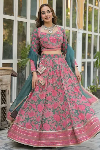 Green Printed Cotton Lehenga with Choli and Dupatta