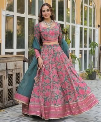 Green Printed Cotton Lehenga with Choli and Dupatta 4