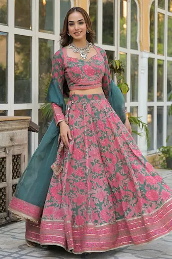 Green Printed Cotton Lehenga with Choli and Dupatta