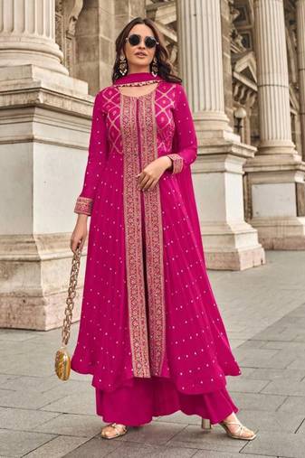 Pink embroidered jacquard free size stitched palazzo style salwar suit