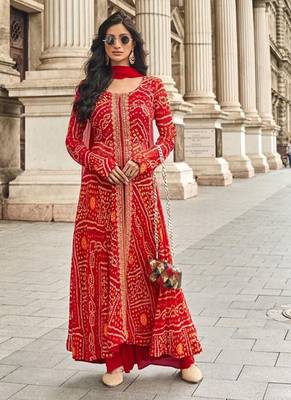 Orange embroidered georgette free size stitched palazzo style salwar suit 1