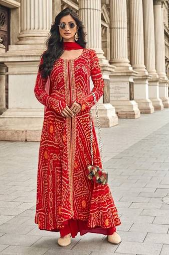 Orange embroidered georgette free size stitched palazzo style salwar suit
