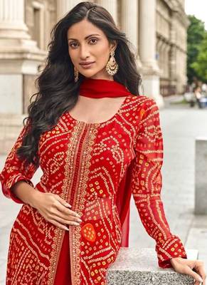 Orange embroidered georgette free size stitched palazzo style salwar suit 2