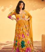 Yellow embroidered muslin free size stitched anarkali suit