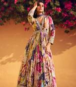 Multicolor embroidered muslin free size stitched anarkali suit