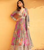 Grey embroidered muslin free size stitched anarkali suit