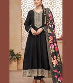 Black embroidered vichitra semi-stitched anarkali salwar suit
