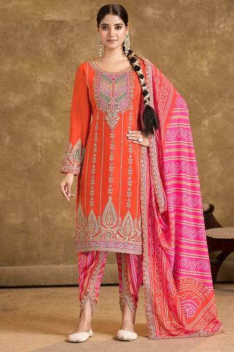 Orange Embroidered Chinon Free Size Stitched Punjabi Salwar Suit
