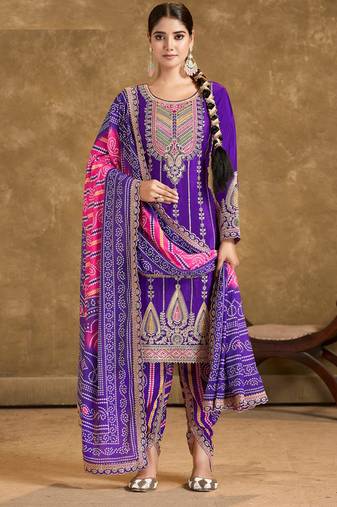 Purple Embroidered Chinon Free Size Stitched Punjabi Salwar Suit