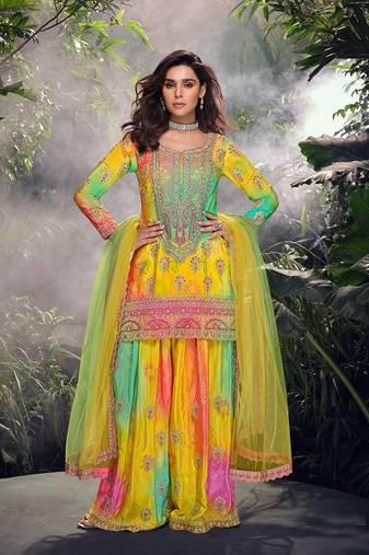 Yellow embroidered chinon free size stitched palazzo style salwar suit