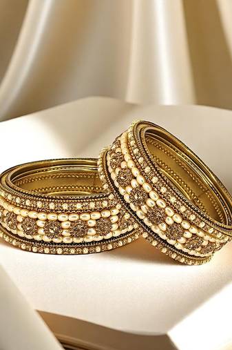 9blings set of 6 gold plated beads embellished traditional bangle set