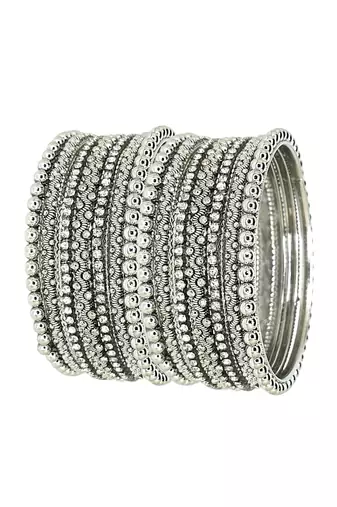 9blings set of 10 silver oxidised cubic zircon studded bangle set