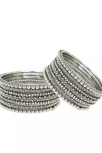 9blings set of 10 silver oxidised cubic zircon studded bangle set