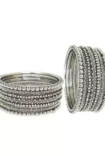 9blings set of 10 silver oxidised cubic zircon studded bangle set