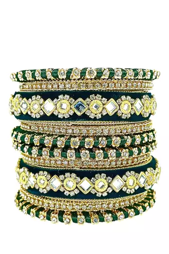 9blings set of 10 gold plated green velvet silk thread chuda set